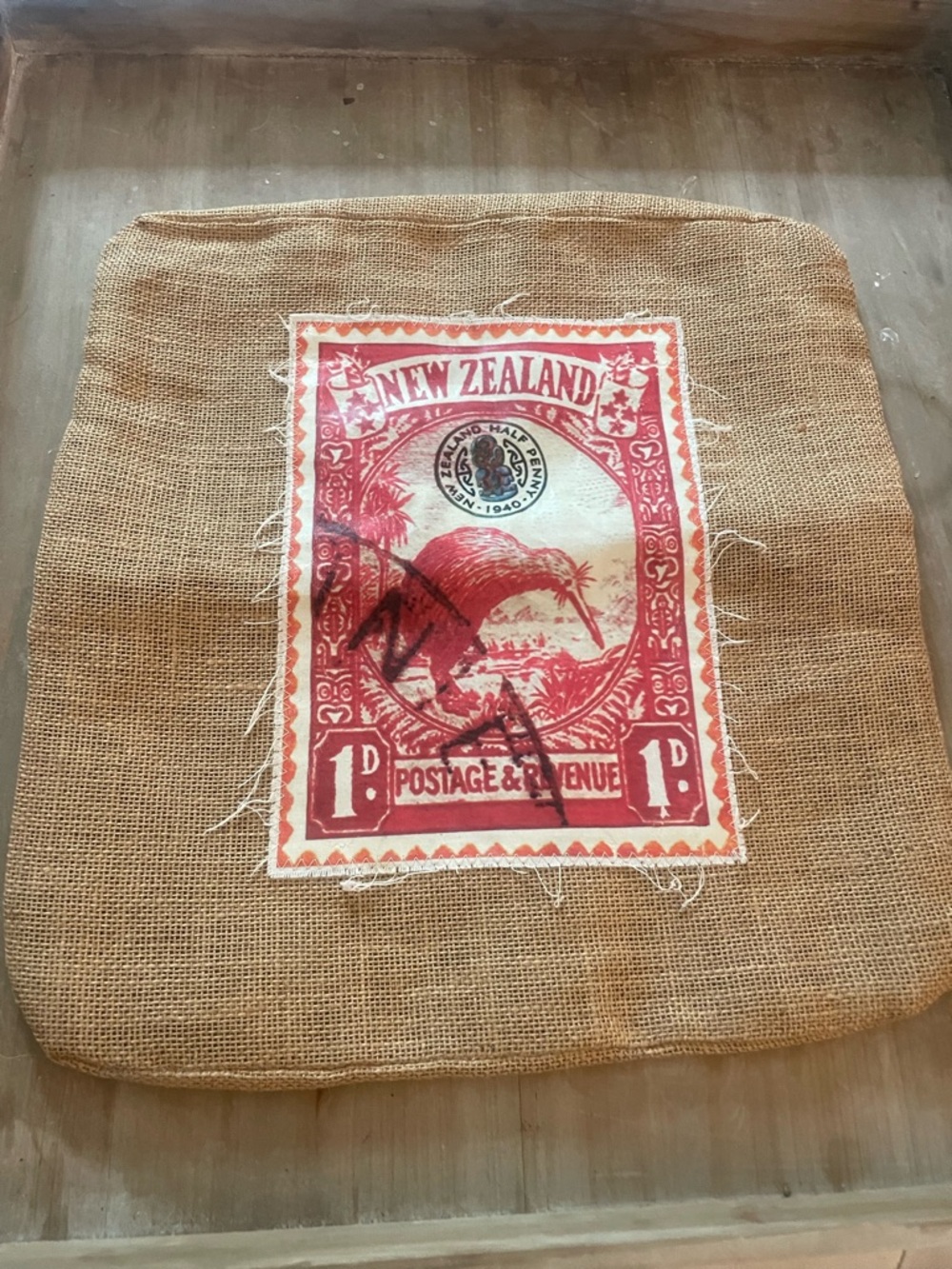Decorative Burlap Pillow Cover Shabby  Chic with Red Kiwi Stamp Design